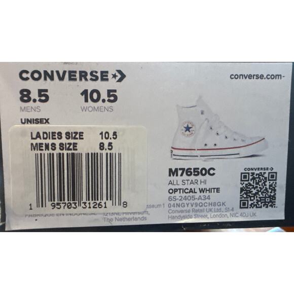 Converse All Star High Top Chucks, Optical White, M7650C, Mens 8.5 / Womens 10.5 - Picture 4 of 5